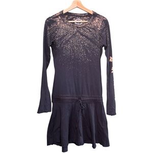 Black Long Sleeve Drawstring Waist Dress Floral and Bleach Splash Design Small